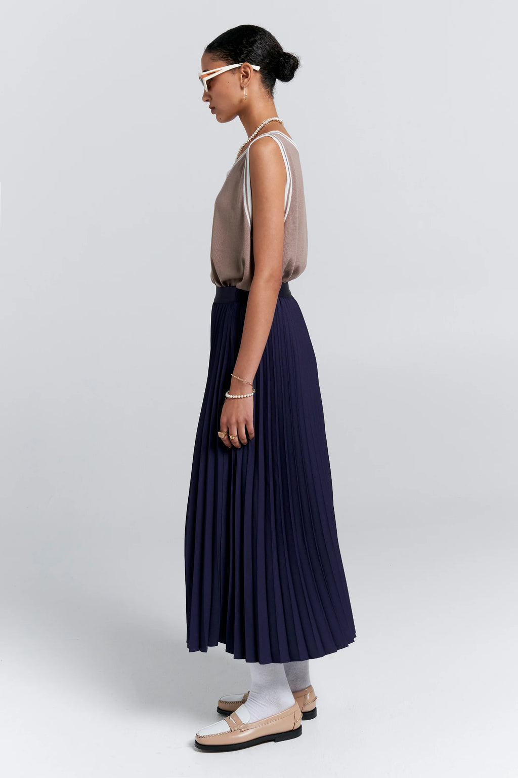 KAREN WALKER SUNRAY PLEATED SKIRT-NAVY