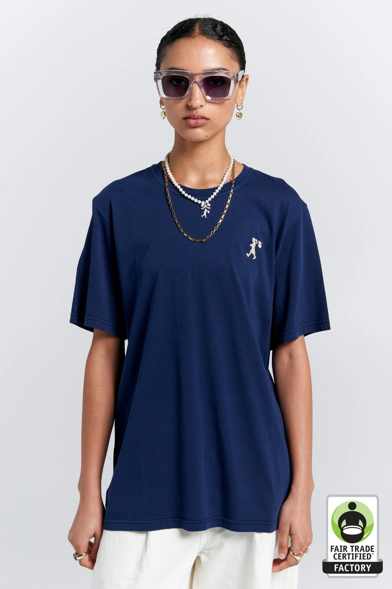 KAREN WALKER EMBROIDERED RUNAWAY GIRL CLASSIC T-SHIRT/NAVY