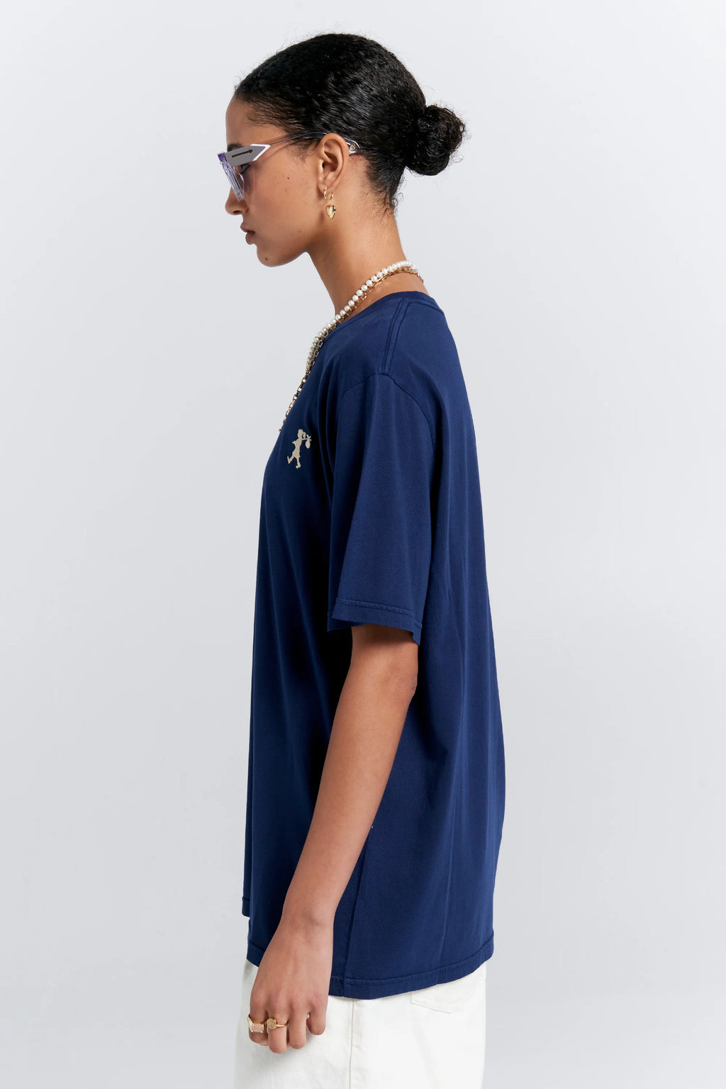 KAREN WALKER EMBROIDERED RUNAWAY GIRL CLASSIC T-SHIRT/NAVY