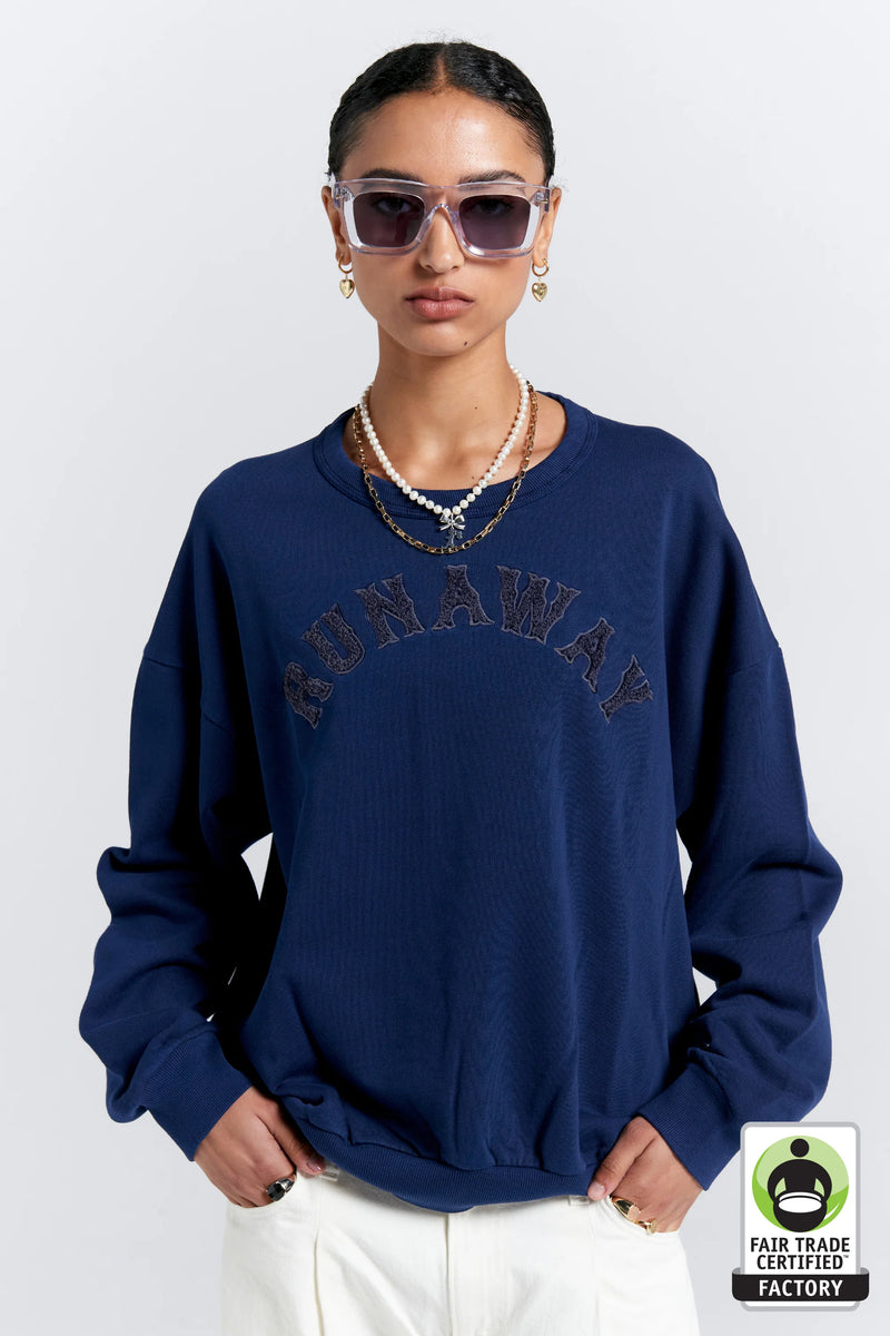 KAREN WALKER RUNAWAY COLLEGE CREWNECK SWEATSHIRT/NAVY