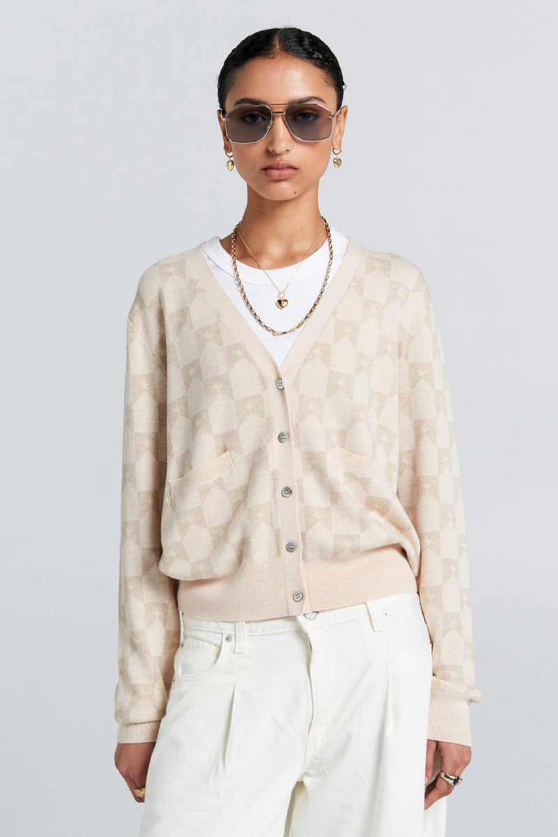 KAREN WALKER MONOGRAM KNIT CARDIGAN-SAND MULTI