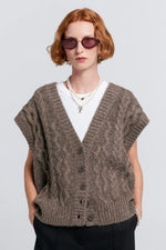 KAREN WALKER CABLE KNIT BUTTON UP VEST-WALNUT