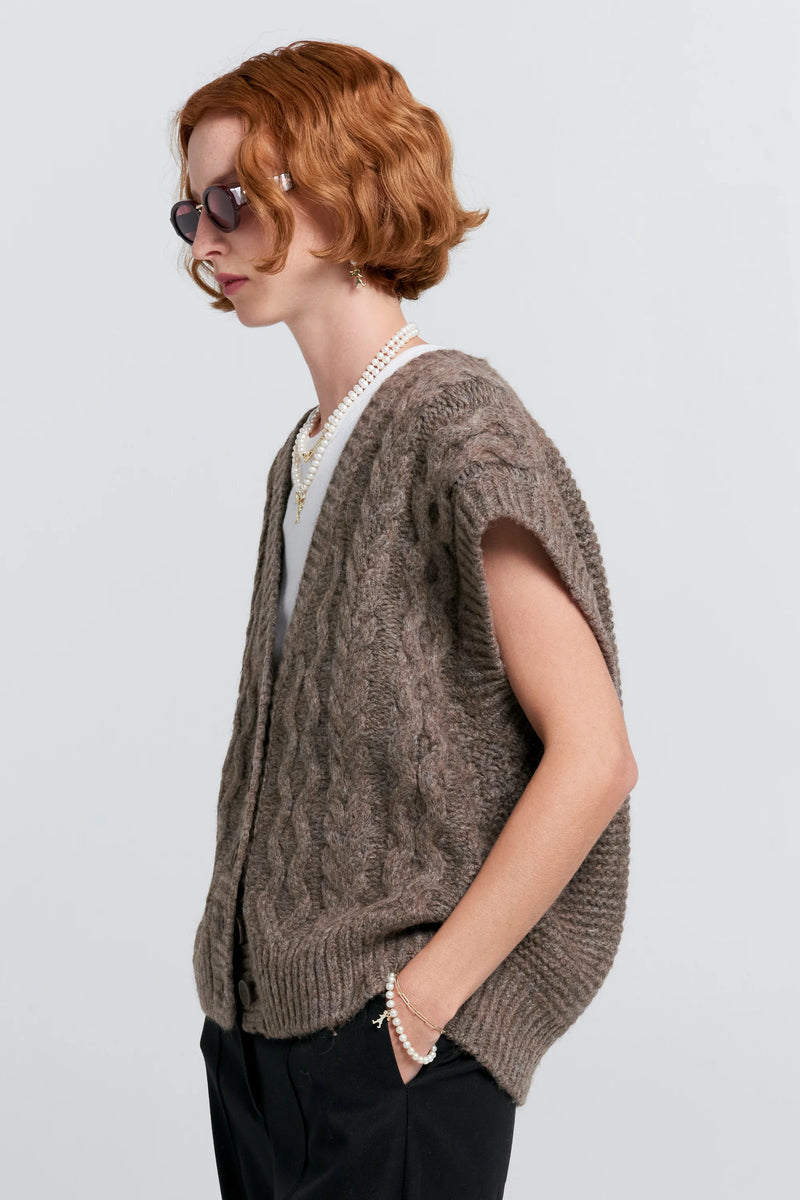 KAREN WALKER CABLE KNIT BUTTON UP VEST-WALNUT