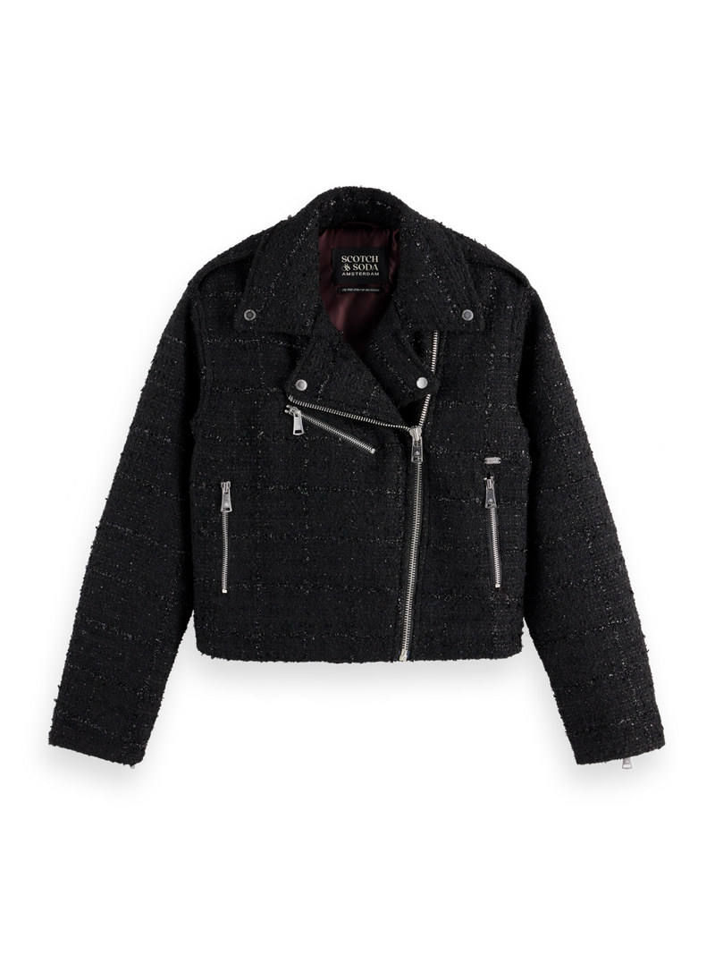 MAISON BOUCLE TWEED BIKER JACKET-BLACK