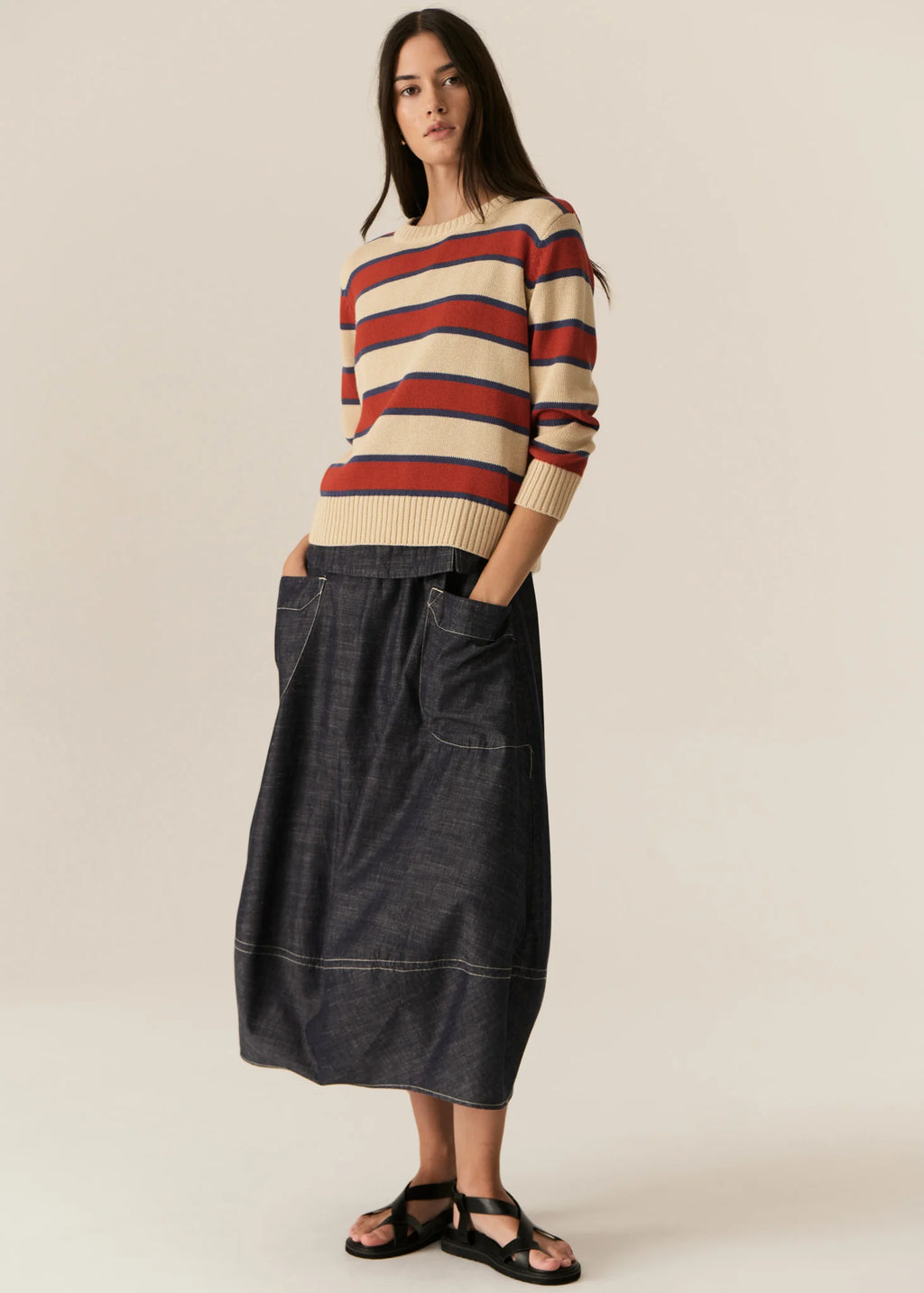 POL JULES STRIPE KNIT-PEBBLE/RED