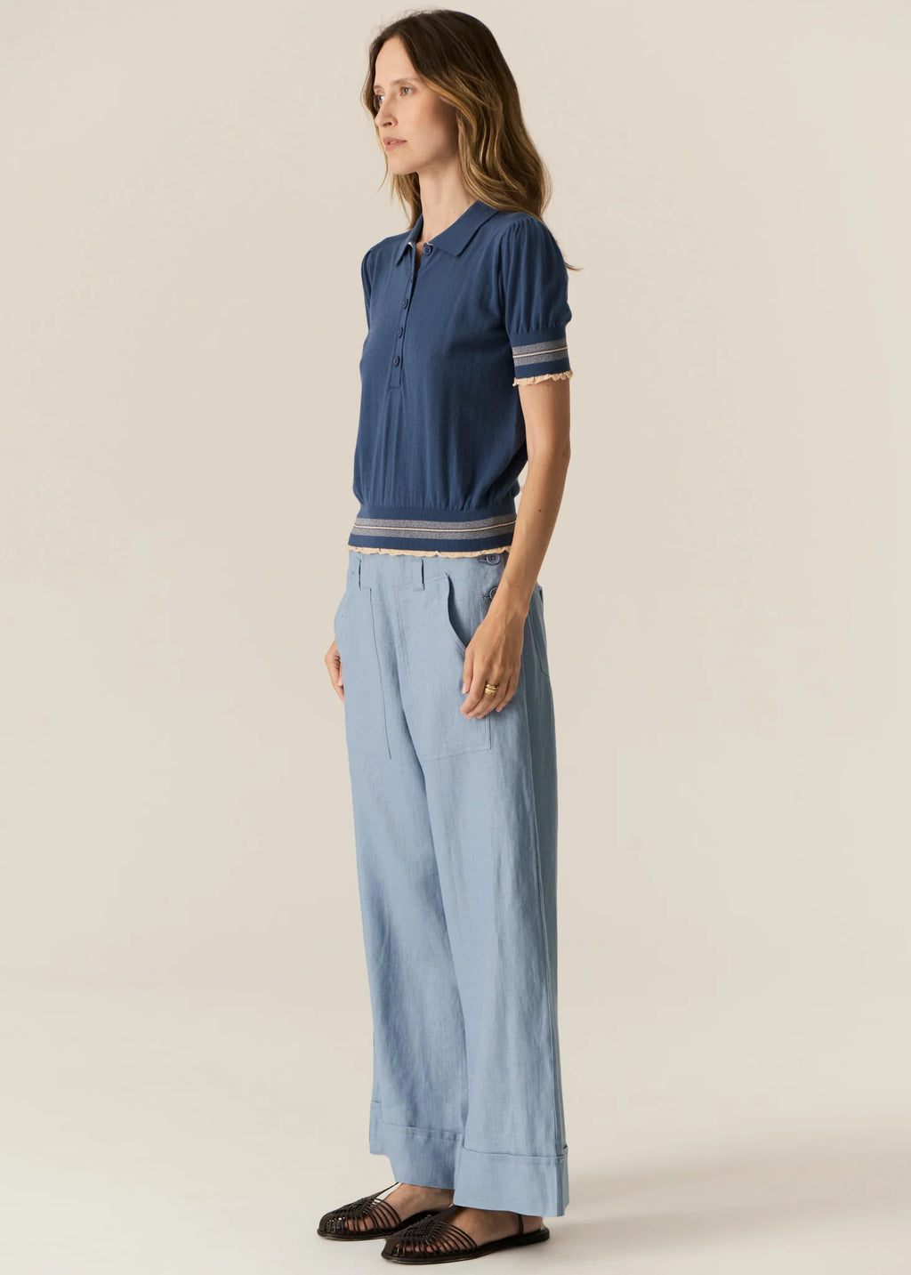 POL LASK KNIT POLO-BLUE/ECRU