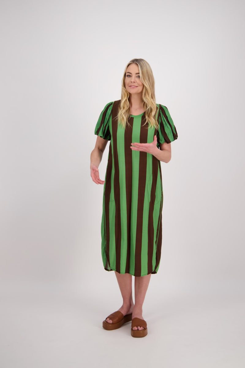 BRIARWOOD PETRA DRESS-CHOC/GREEN STRIPE