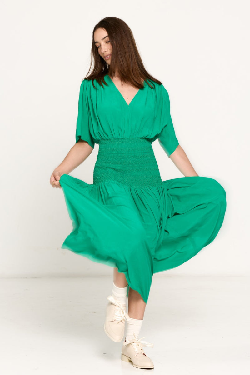 SALASAI JEZEBEL DRESS SHIRRED-GREEN
