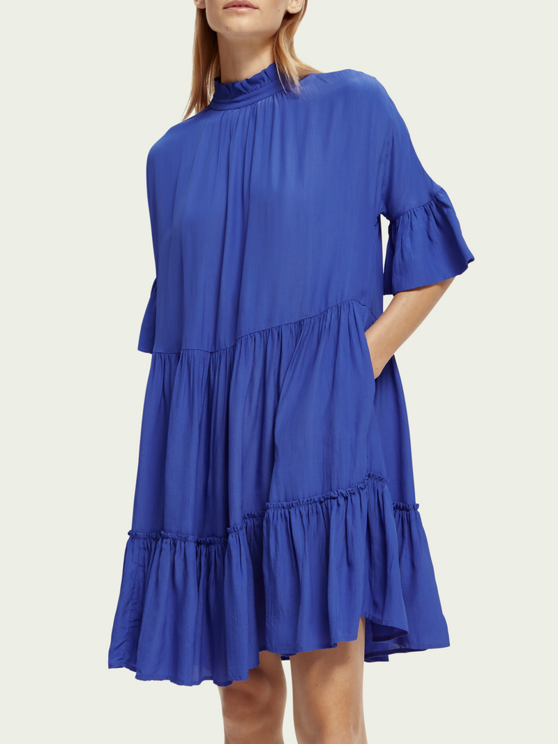 MAISON SHORT DRESS WITH RUFFLE SLEEVE-BLUE