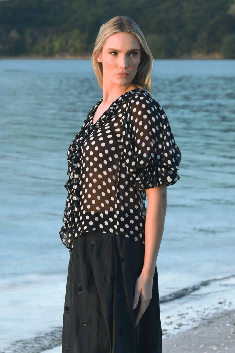 TRELISE COOPER RUFFLE MY LOVE BLOUSE-BLACK/WHITE