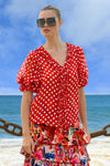 TRELISE COOPER RUFFLE MY LOVE BLOUSE-RED/WHITE
