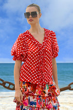 TRELISE COOPER RUFFLE MY LOVE BLOUSE-RED/WHITE