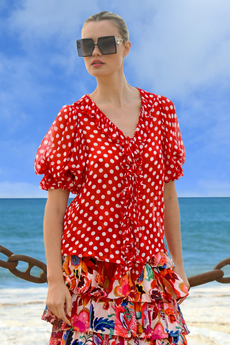TRELISE COOPER RUFFLE MY LOVE BLOUSE-RED/WHITE