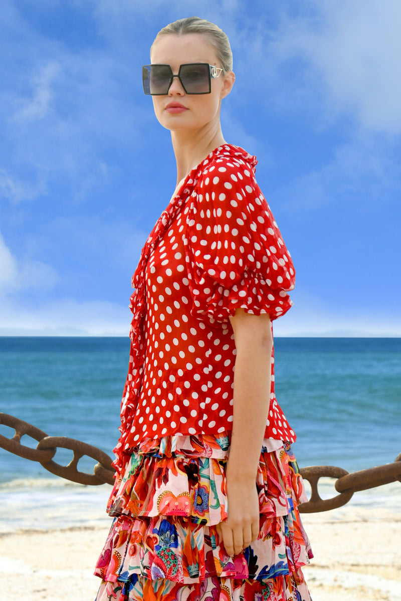 TRELISE COOPER RUFFLE MY LOVE BLOUSE-RED/WHITE