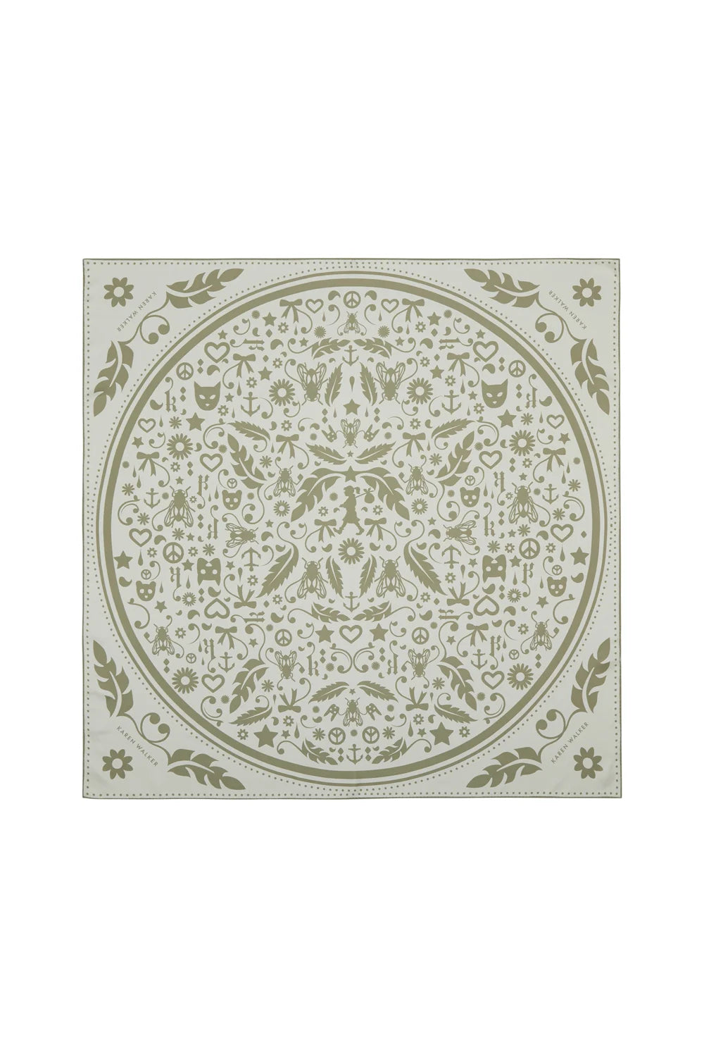 KAREN WALKER FILIGREE CLASSIC SILK SCARF-CREAM/OLIVE