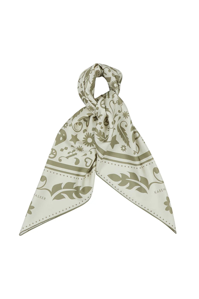 KAREN WALKER FILIGREE CLASSIC SILK SCARF-CREAM/OLIVE